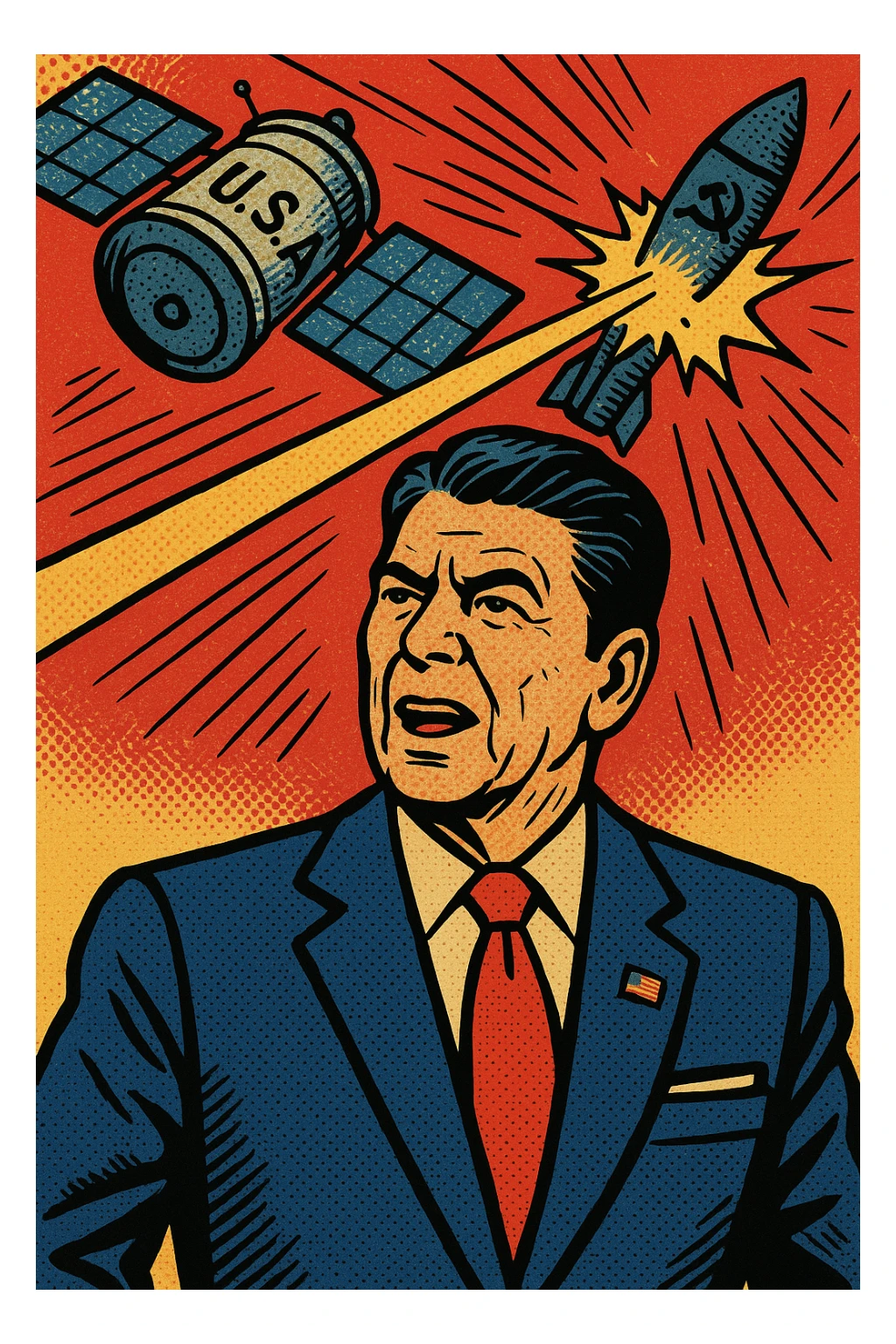 US President Reagan wearing a blue suit with a US flag badge standing in front of a background where you can see a US satellite with a laser shooting down a Soviet Union missile sticker