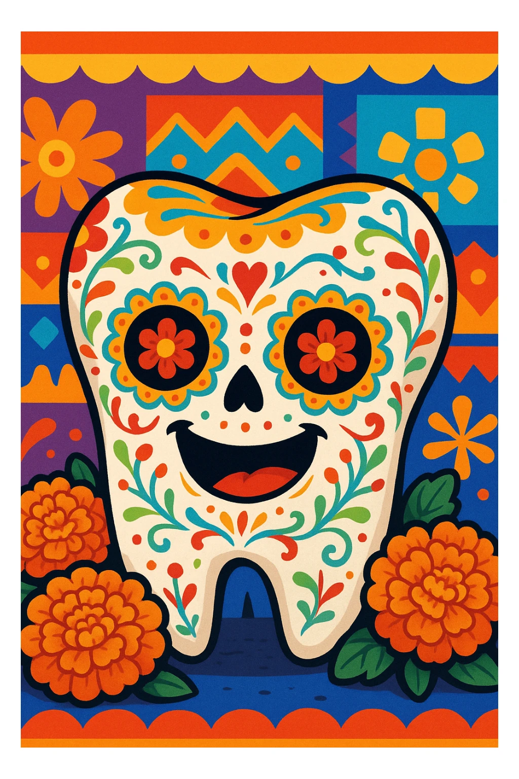 molar tooth celebrating Día de Muertos, with sugar skull details, cempasúchil flowers, and festive Mexican background, fun cartoon style sticker