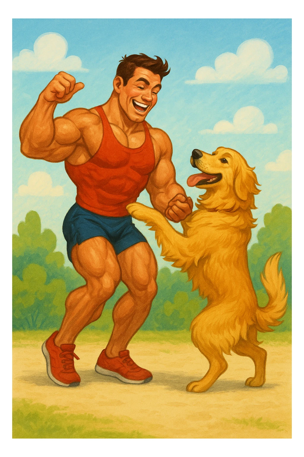 Bodybuilder che balla con un golden retriever sticker