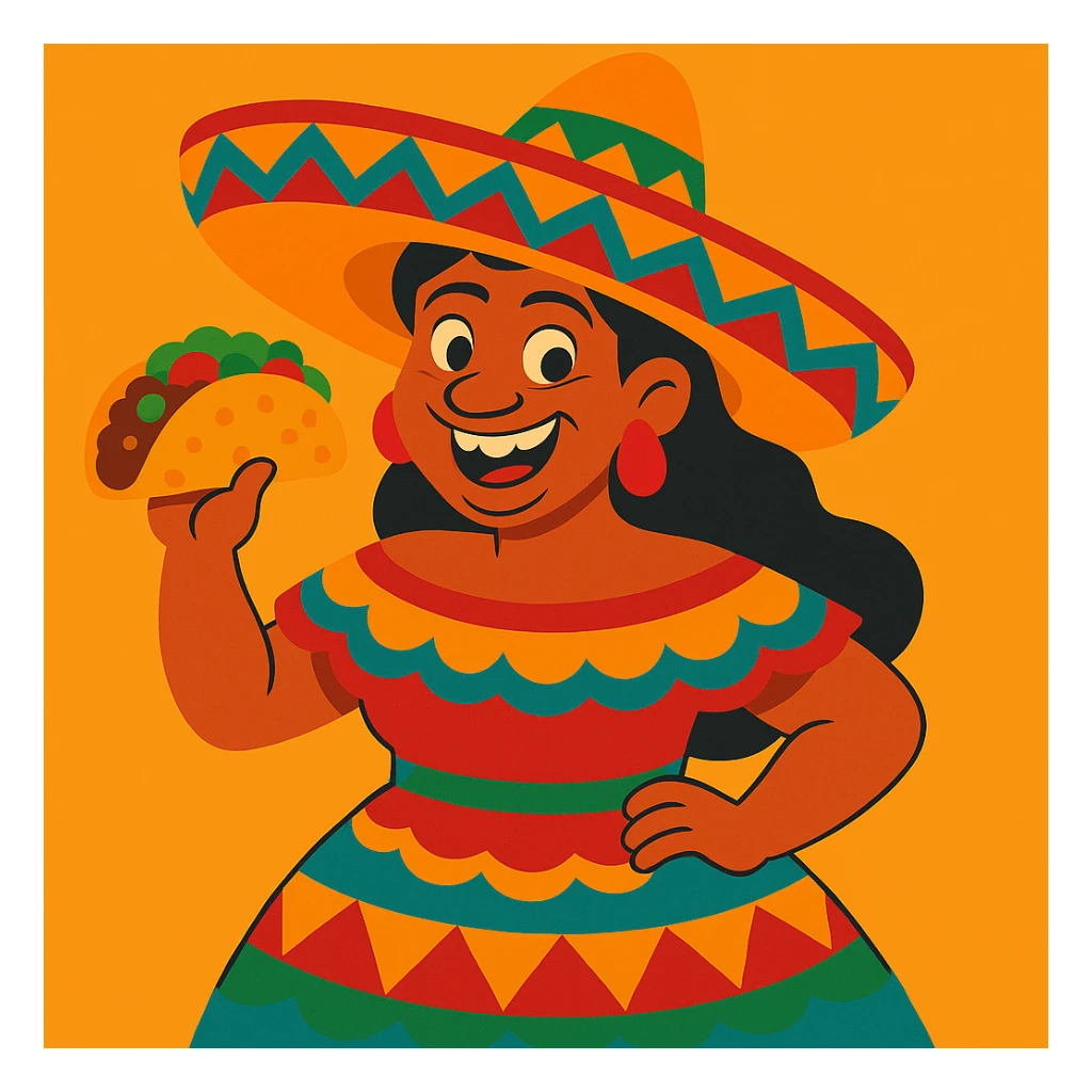 Make the Mexican woman appear more ugly by exaggerating unattractive features, while keeping the sombrero and taco, in vibrant toon style. sticker