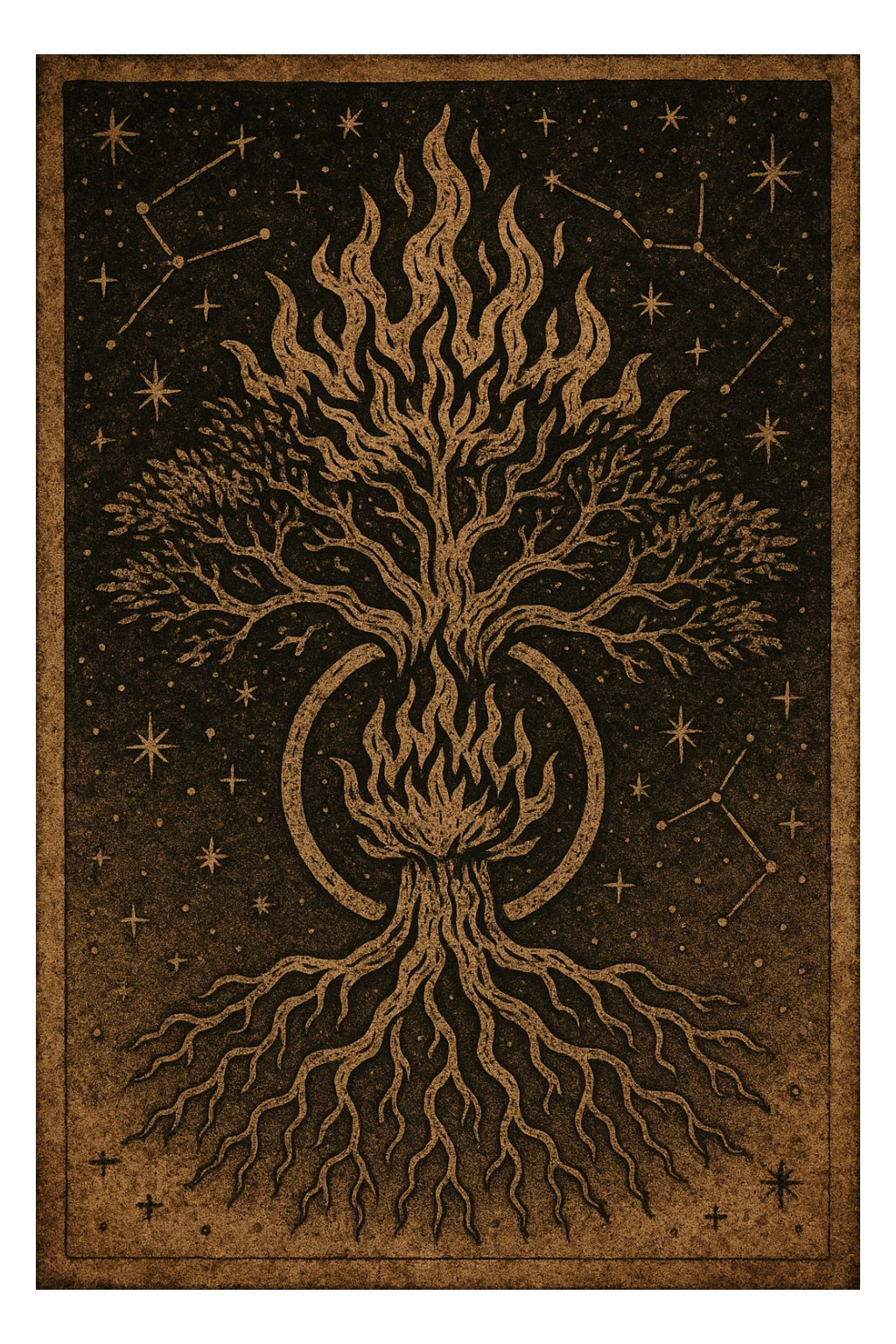 proto gothic ancient star constellation image of a flaming world tree with roots reaching down sticker