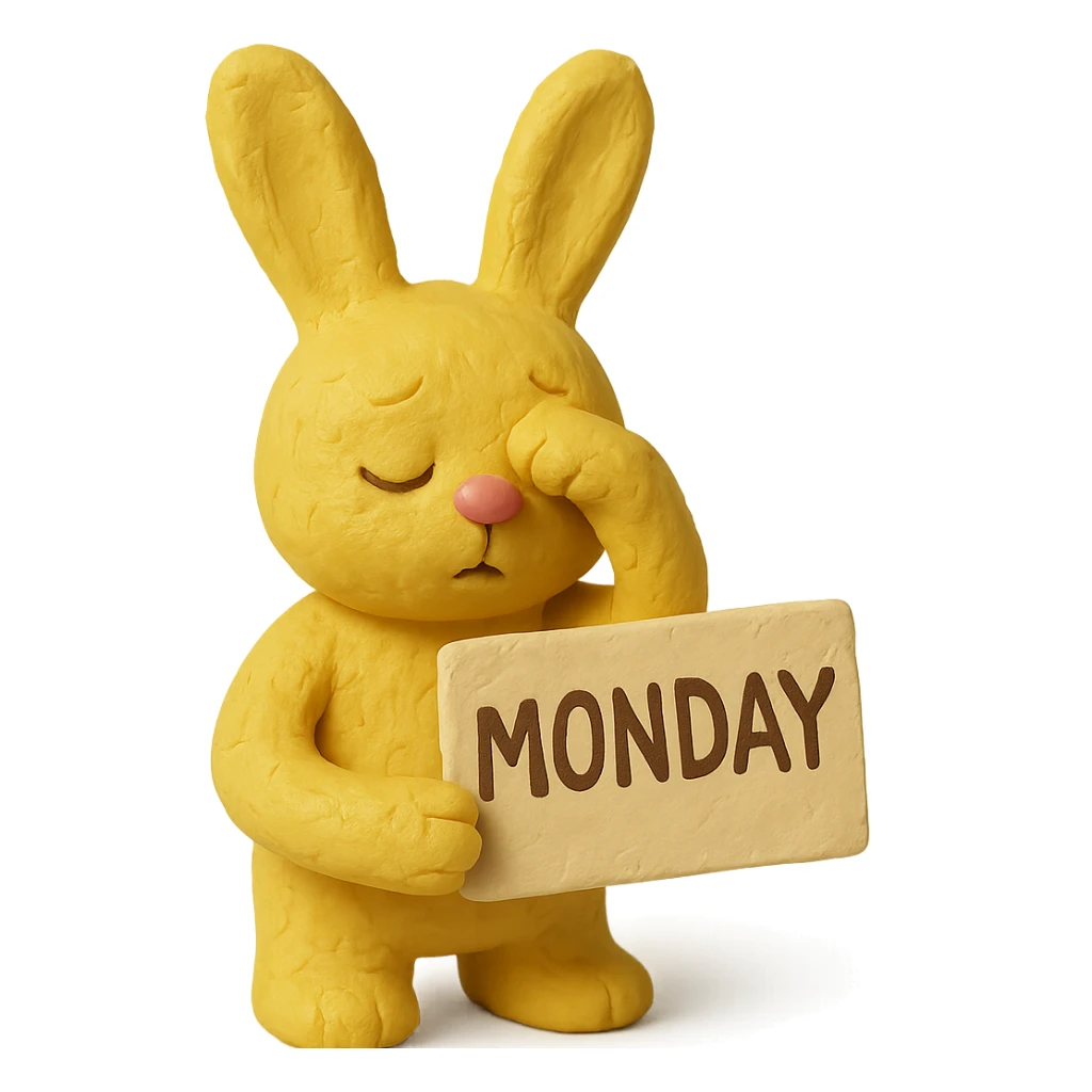 yellow bunny holding Monday memo while rubbing eyes, matte plasticine claymation style with visible fingerprints sticker