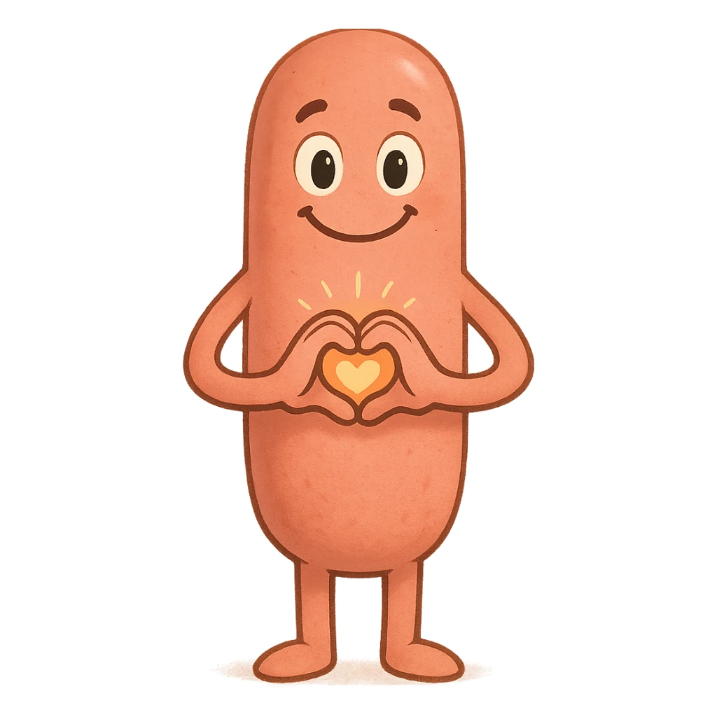 a smiling sausage-shaped humanoid with a pinkish-orange body, simple arms and legs, big eyes, and a happy smile. Its hands form a heart shape in front of its chest, radiating warmth and affection sticker