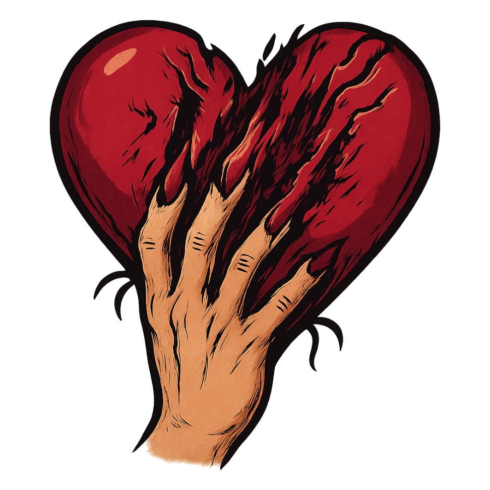 женская рука с маникюром вгоняет когти в винного цвета сердце и сильно раздирает царапает его (пальцы полусогнуты ногти вогнаны в царапины) рисованный стиль, ориентируйся на референсы по стилю и по уровню разодранности серца sticker