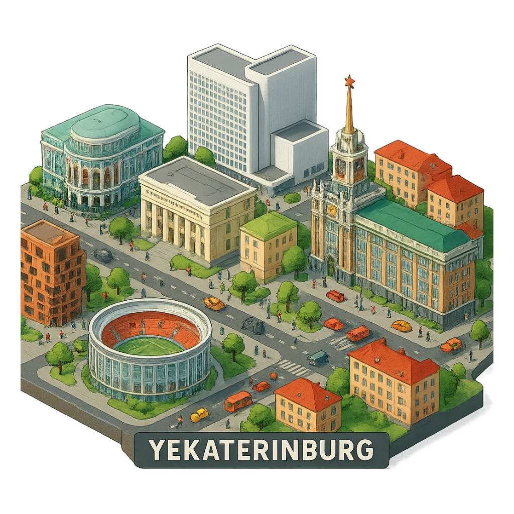 Изометричная миниатюрная фотореалистичная 3D модель Екатеринбурга - Дом Севастьянова, Ельцин-центр, Уральский федеральный университет, дома, Екатеринбург Арена, Медный дом, Здание Свердловского городского совета народных депутатов четкая детализация, яркие цвета, мультяшный реализм, люди, автотранспорт, компактная композиция, вид сверху в изометрии, прозрачный фон sticker