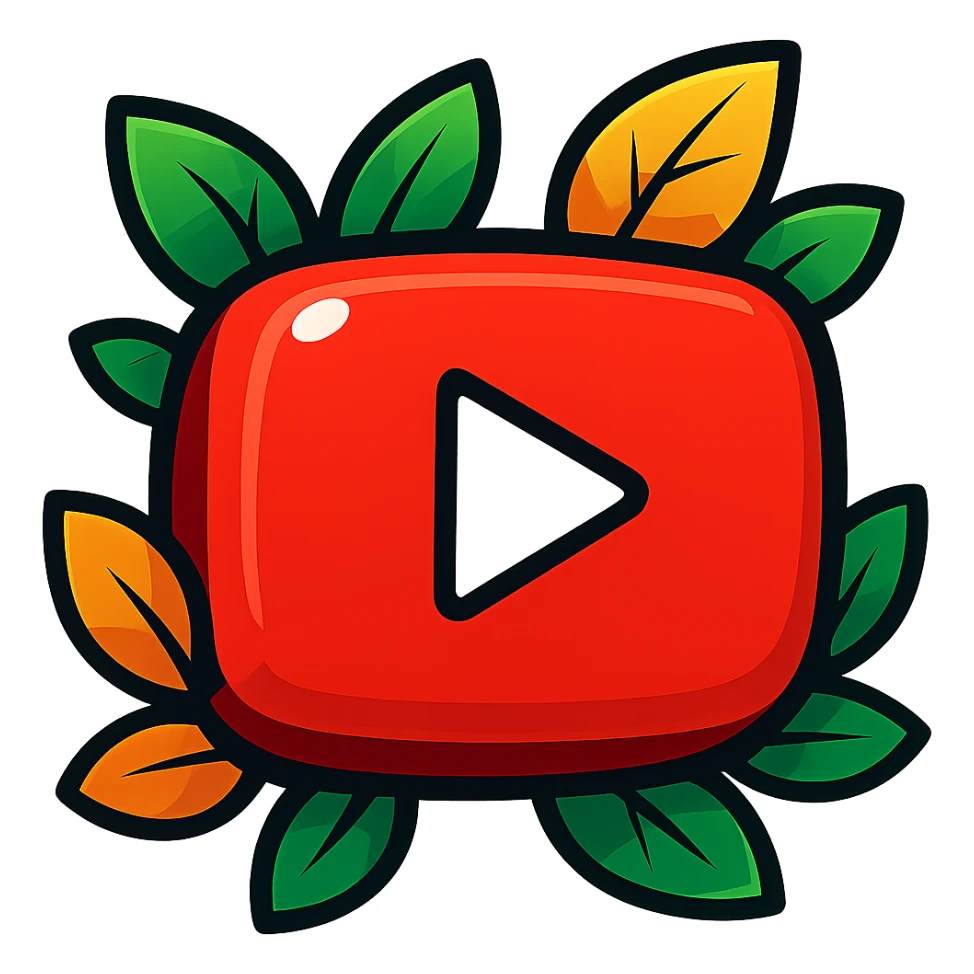 Chunky, soft, and glossy YouTube logo, vibrant toon style, bold outline, strong graphic shadows, bright highlights, decorated with colorful leaves, no background. Extra attention to contours and shine, in the style of the reference image, but even more rounded and flat. sticker