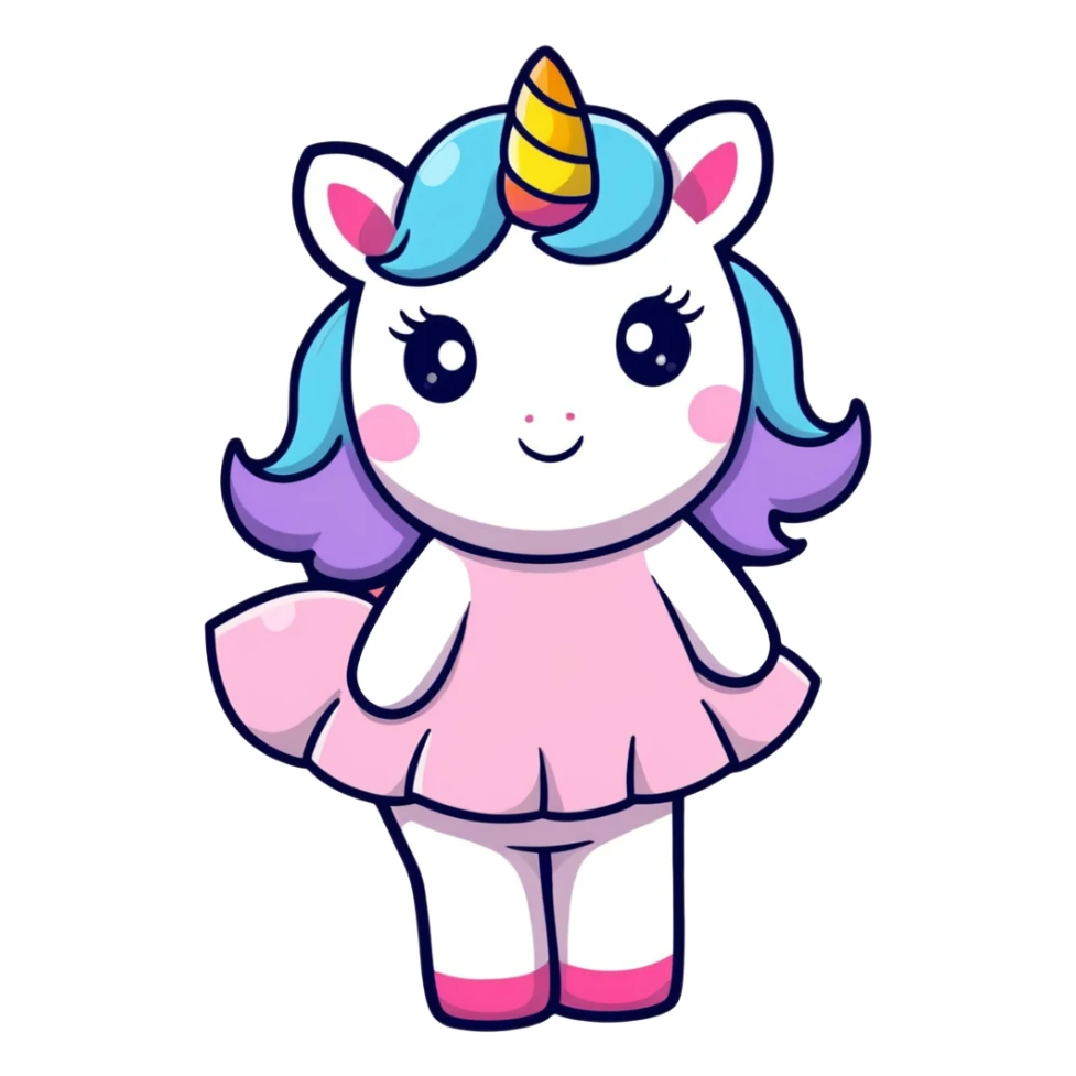A unicorn with a pink dress and a rainbow  sticker