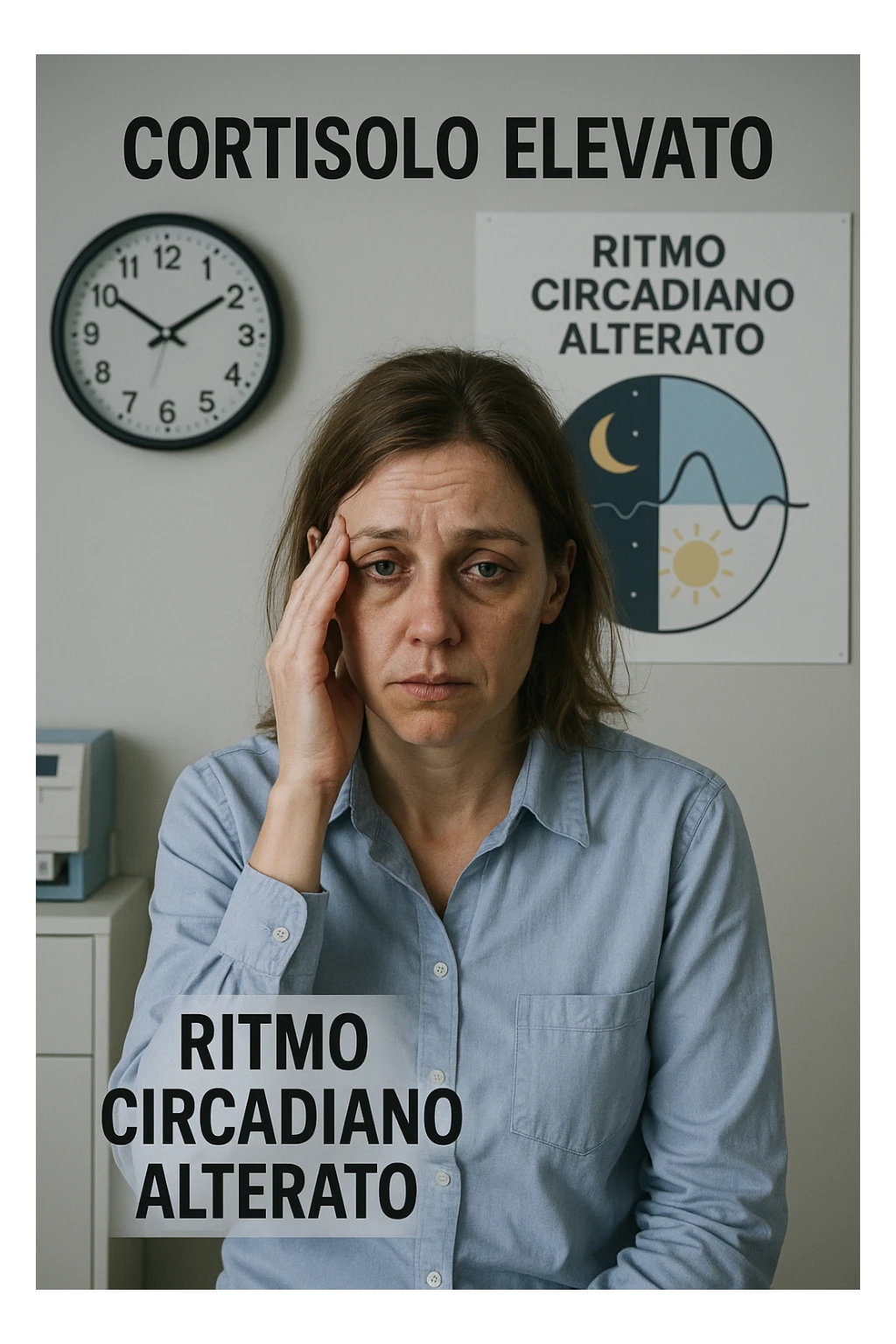Donna con cortisolo elevato ritmo circadiano alterato immagine realistiche in italiano sticker