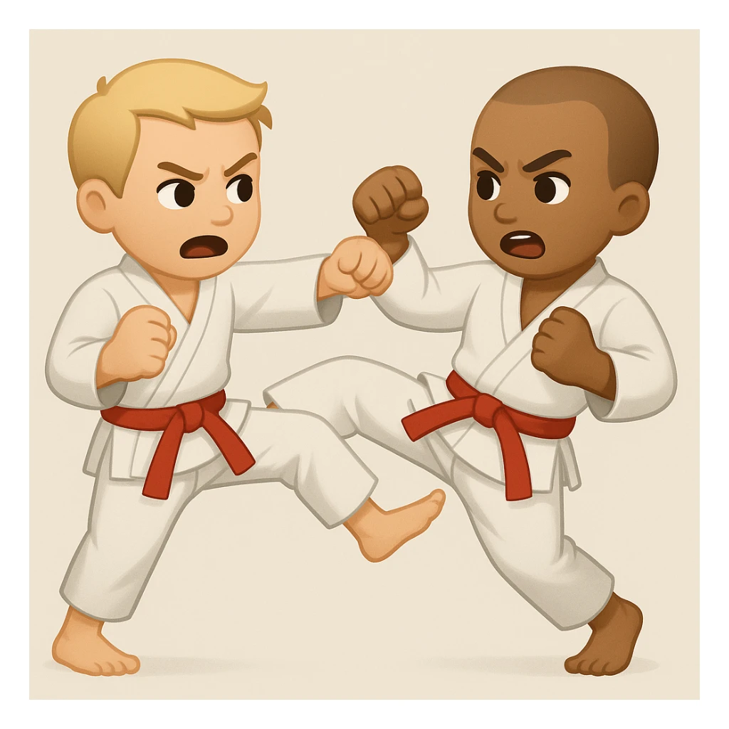 Create an image of two martial artists fighting, sparring or exchanging kicks and punches, in emoji style. The style should reflect the look of emojis with simple and concise features. sticker
