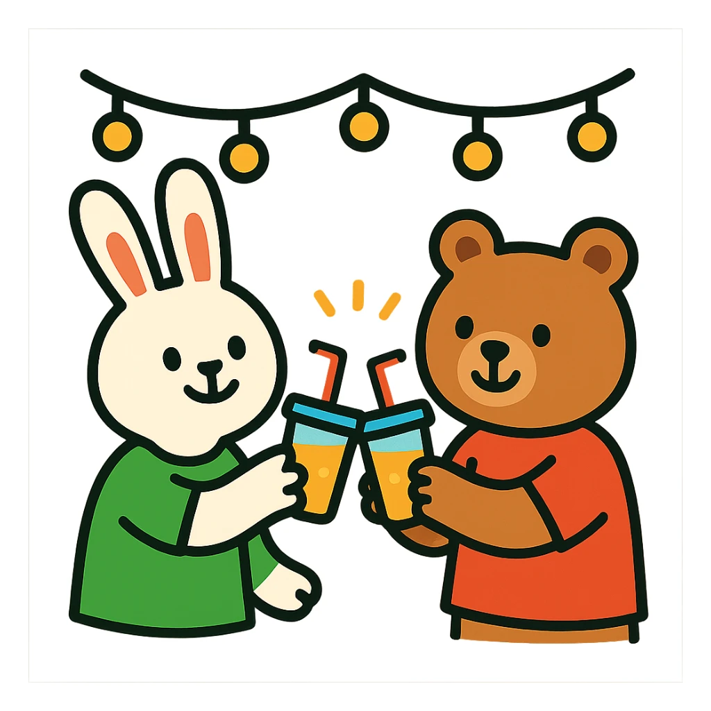 bunny and bear clinking juice cups under string lights sticker