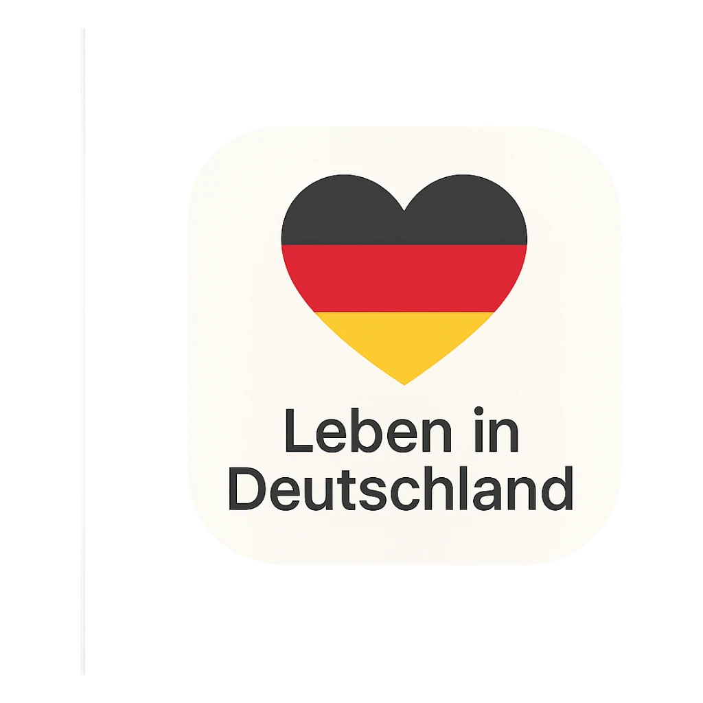 modern inviting mobile app icon for 'Leben in Deutschland' with heart shape incorporating German flag colors black red gold sticker
