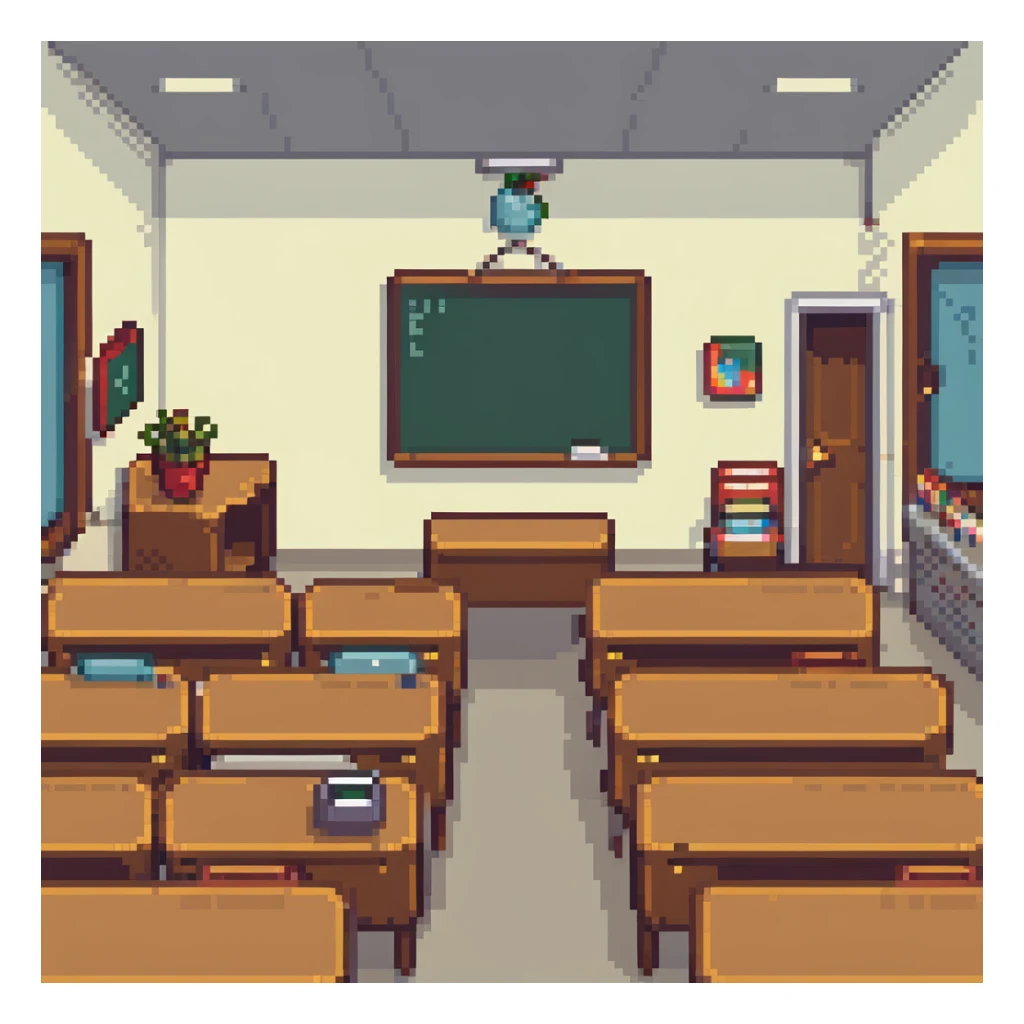 classroom with a group of students interacting in pixel art style sticker