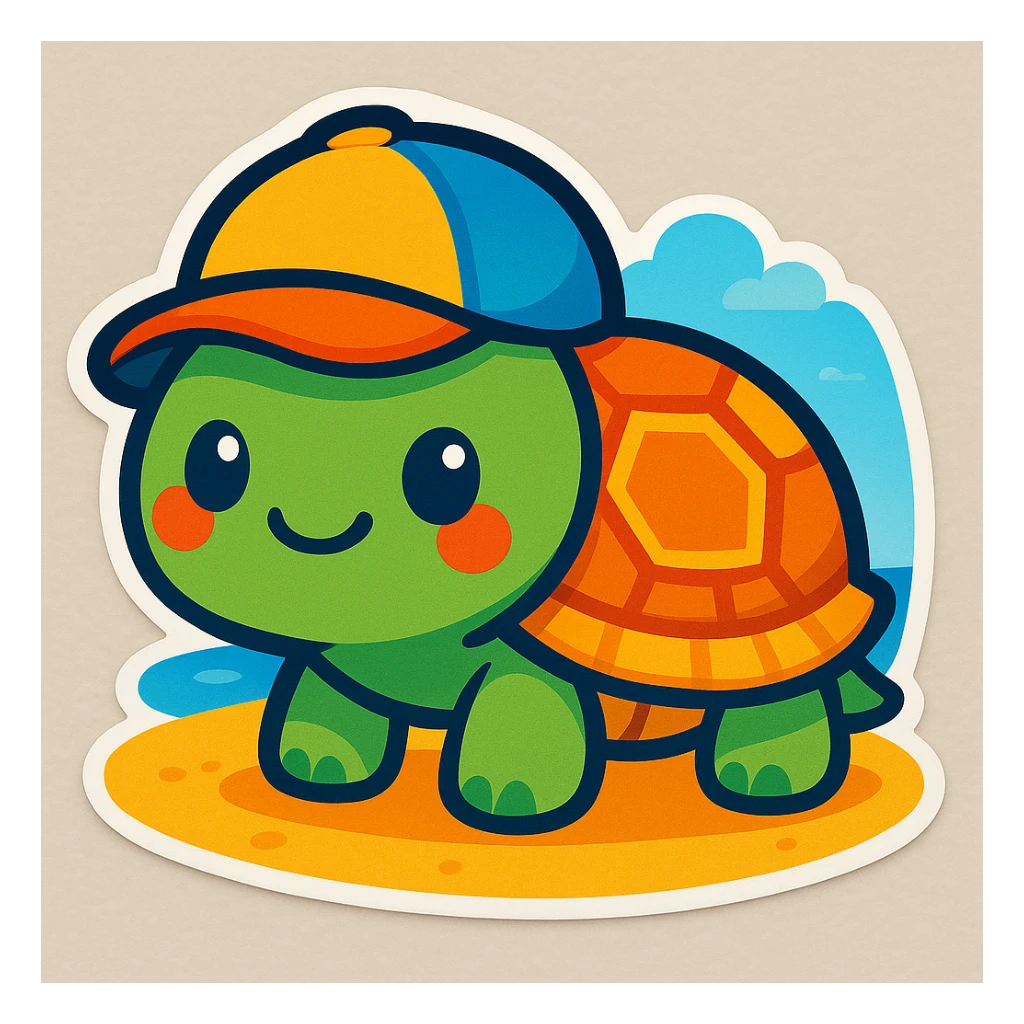 Change the party hat to a baseball cap on the cute turtle on sand, in a bright and cute chibi stickers cartoon style. sticker
