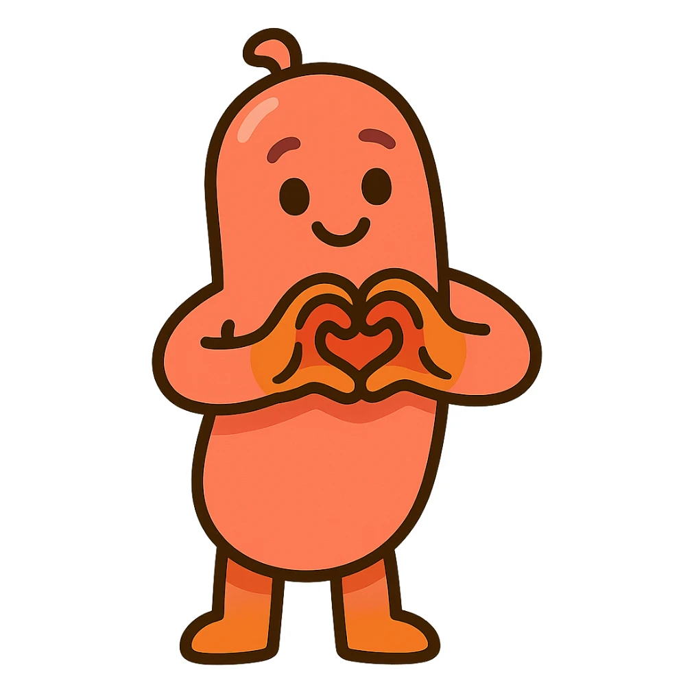 a cute, friendly sausage-shaped humanoid with a pinkish-orange body, forming a heart with its hands sticker