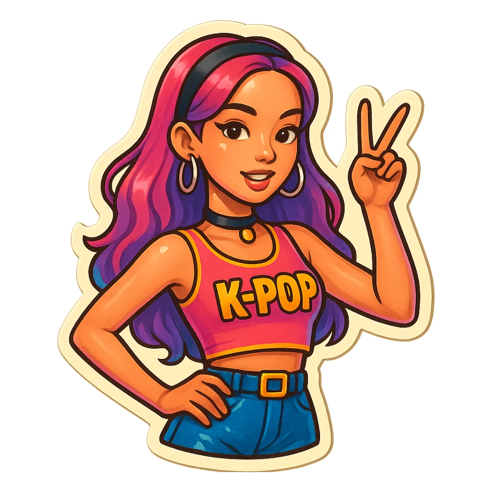 K-pop idol inspired by Blackpink, pop colors, energetic vibe, cool accessories, retro stickers style sticker