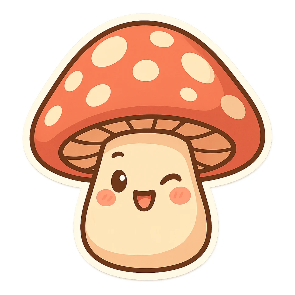 chibi sticker-style mushroom with a winking face, cute and exaggerated sticker
