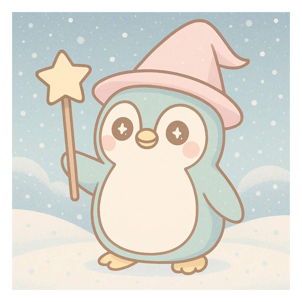 Add a snowy background behind the penguin wizard, keeping the cute and whimsical style. sticker