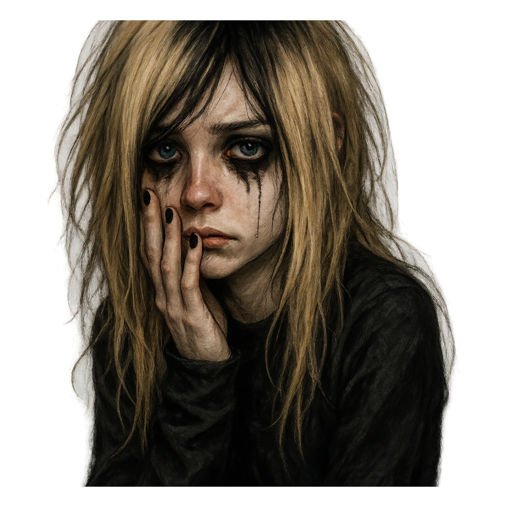 depressives Emo Mädchen, blond, blaue Augen, mit schwarzem Nagellack, Emo-Stil, detailed, expressive, digital art sticker