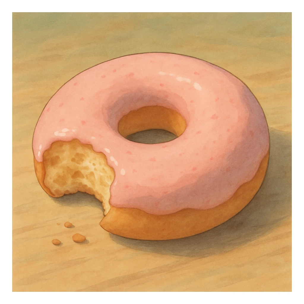 bitten donut, detailed, soft colors, ghibli style sticker