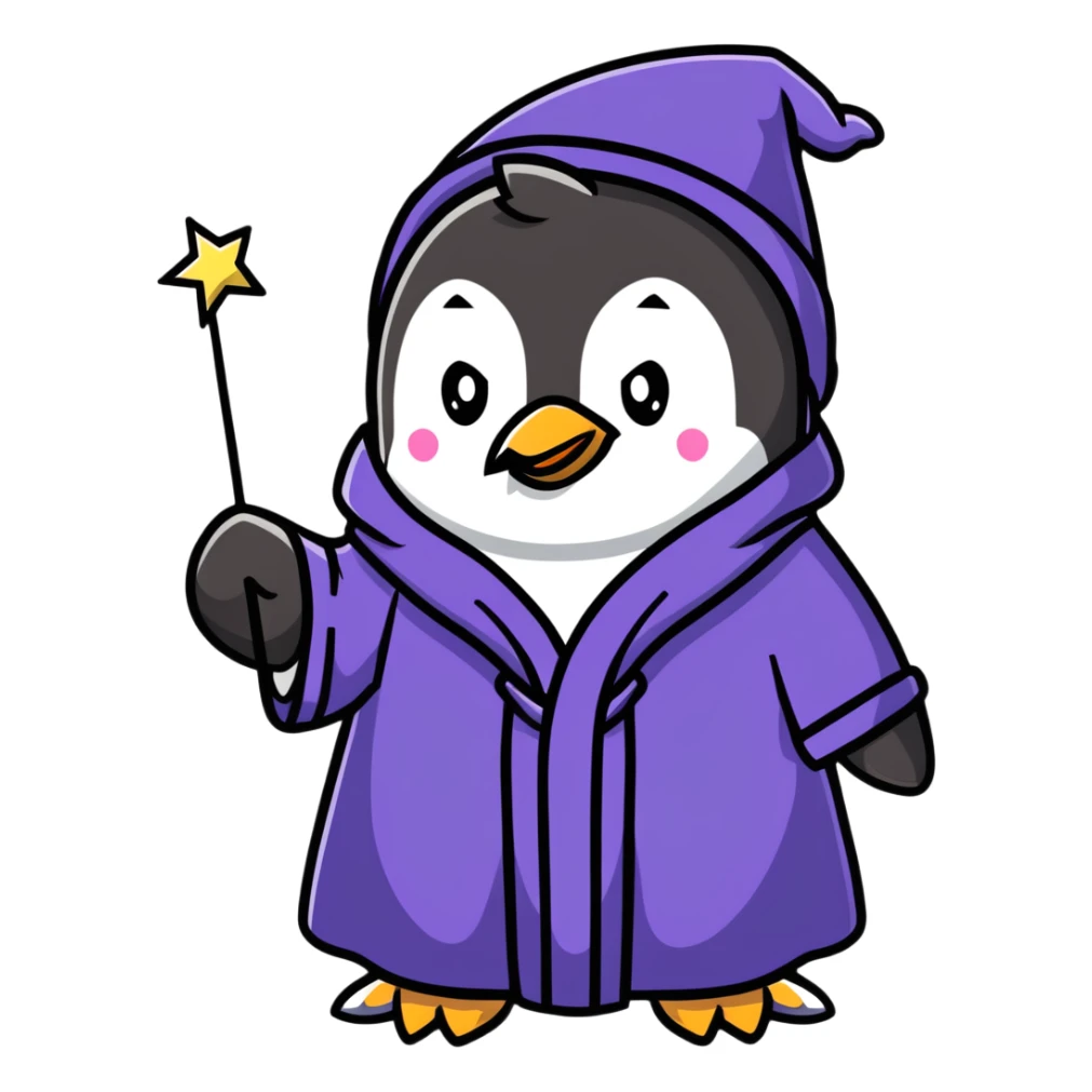 penguin wizard with a starry robe and wand sticker
