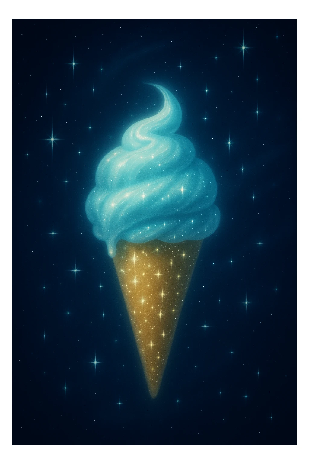 Add a cone with stars to the moonbeam ice cream, keep magical, floating, night sky background, gentle light. Style the image to reflect a magical and ethereal night sky scene with soft glowing light. sticker