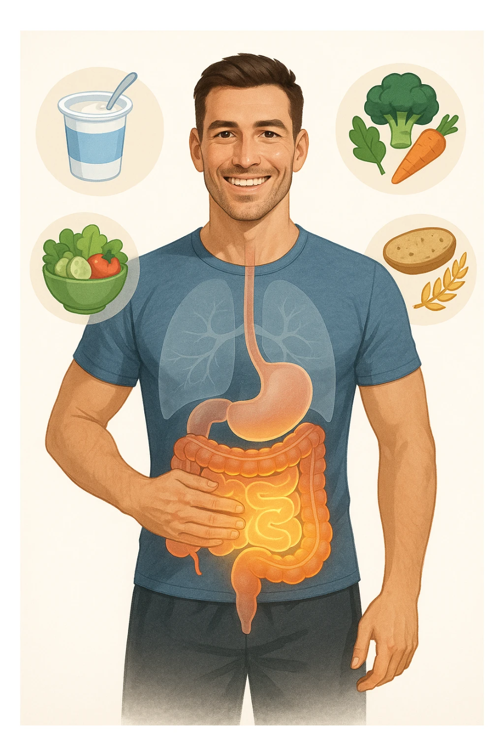 a fit, smiling man stands confidently with one hand on his abdomen. A transparent overlay reveals a healthy, detailed digestive tract with a glowing, vibrant intestine. Around him, icons of healthy foods like yogurt, vegetables, and whole grains float, symbolizing good gut health. The background is clean and bright, with an educational mood. sticker
