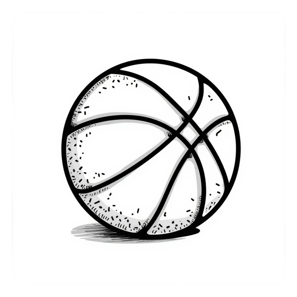 A basketball with detailed texture and lines in pastel colors (dd9fb0, ffc6d3, a3bfc9, c4bee2, f1b091), hand-drawn doodle style sticker