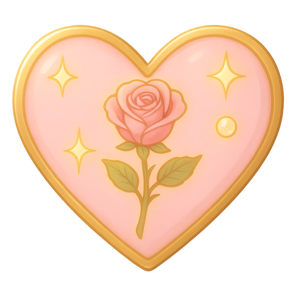 Add a soft glowing effect to the single rose pink heart, pastel pink enamel, sparkling gems, with a gold outline, with no background, in a general style. sticker