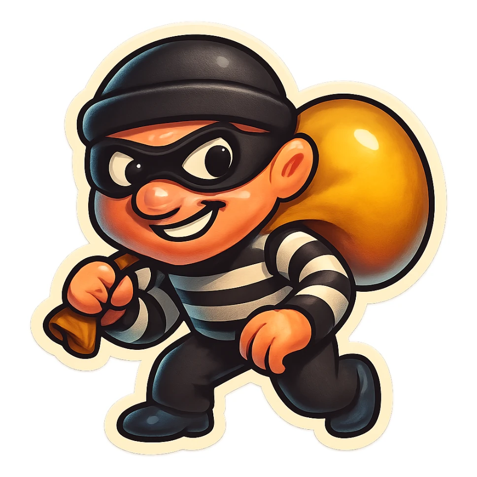 thief emoji in a striped black and white suit, holding a sack, mischievous look sticker