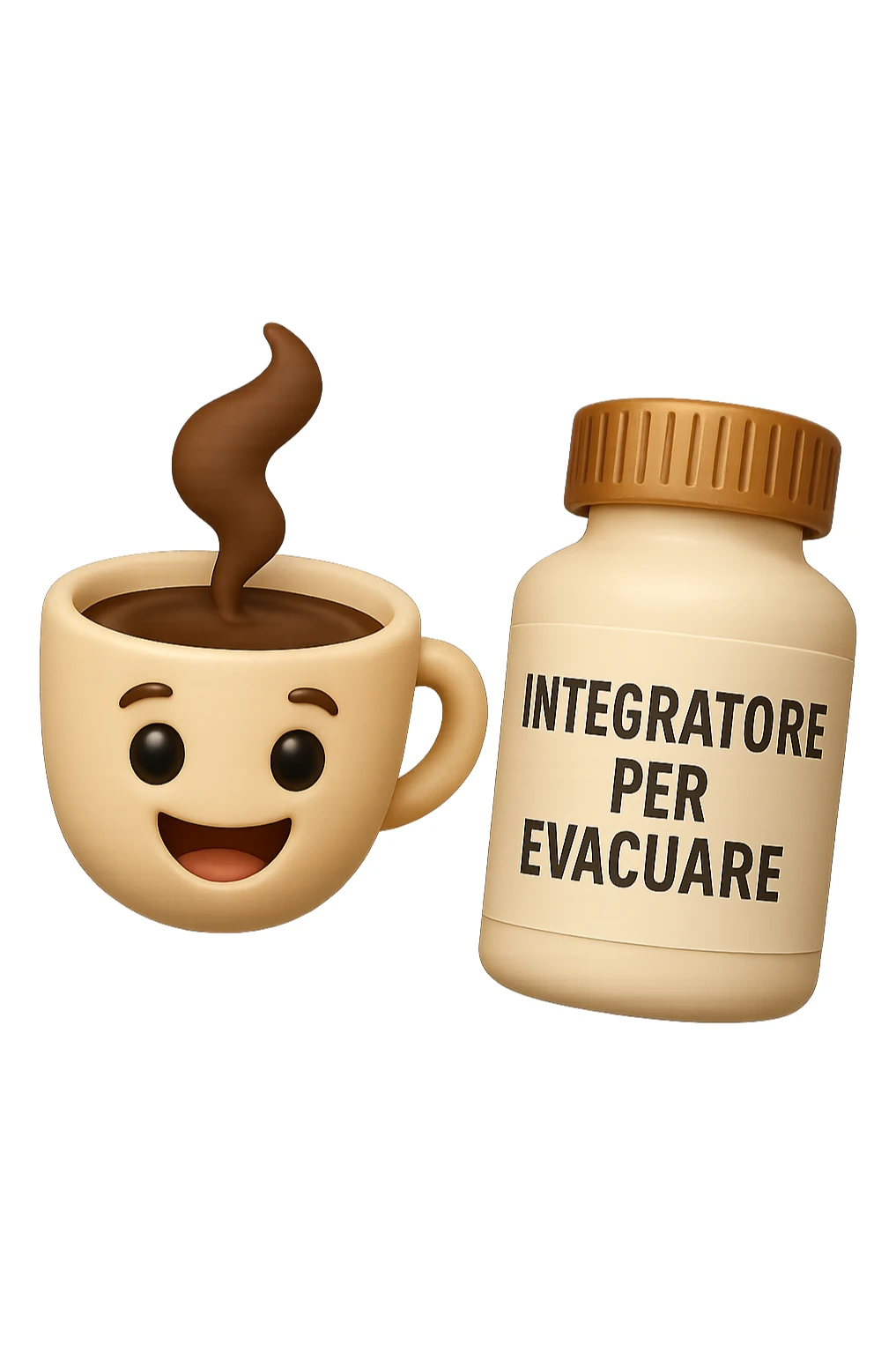 EMOJI STILE IPHONE 3D DI un caffè e di una boccetta di integratore con la scritta "INTEGRATORE PER EVACUARE" SULL'ETICHETTA CHE FLUTTUANO IN ARIA, iperrealistico 4k sticker