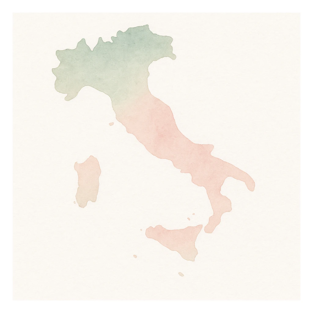Map of Italy in watercolor style with white, green, and pink pastel tones sticker