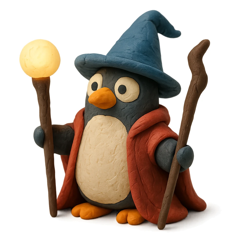 penguin wizard with a staff and glowing orb in claymation style sticker