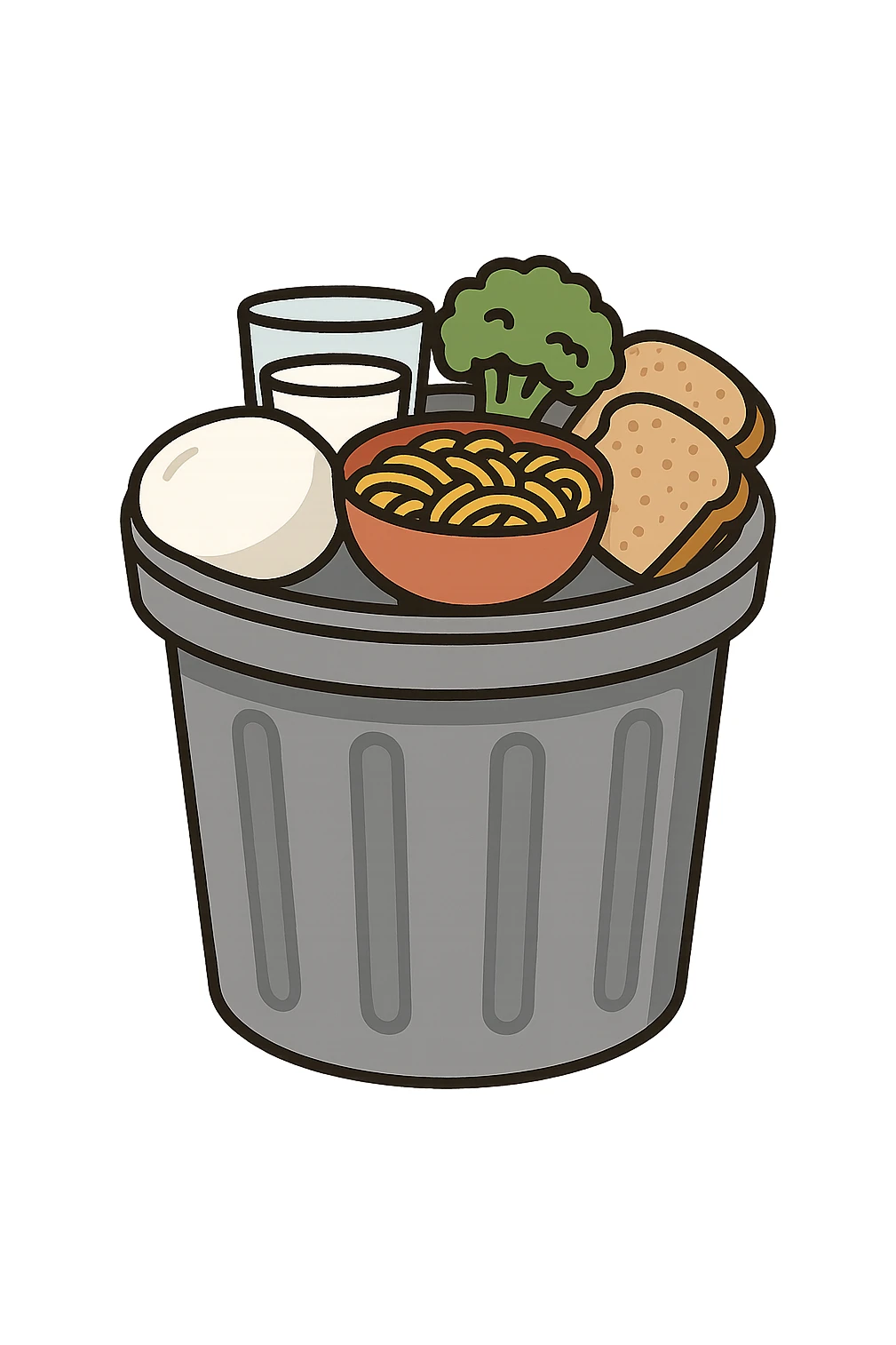 SECCHIO DELLA SPAZZATURA DENTRO CUI CADE UNA MOZZARELLA, UN BICCHIERE DI LATTE, UNA BOWL DI PASTA, QUALCHE BROCCOLO, QUALCHE FETTINA DI PANE sticker