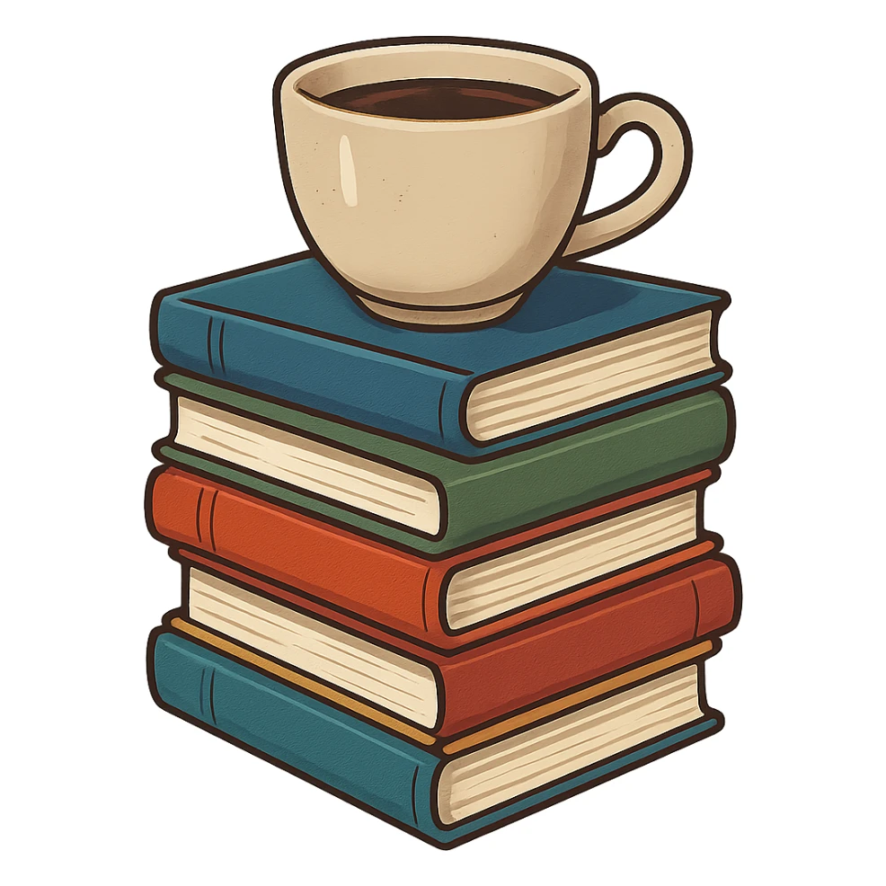 a stack of colorful books with a coffee cup on top, bookstore vibe, no background sticker