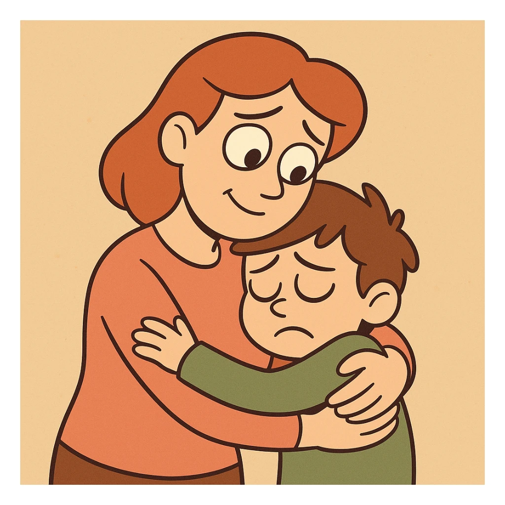 mother hugging sad child, simple shapes, warm palette sticker