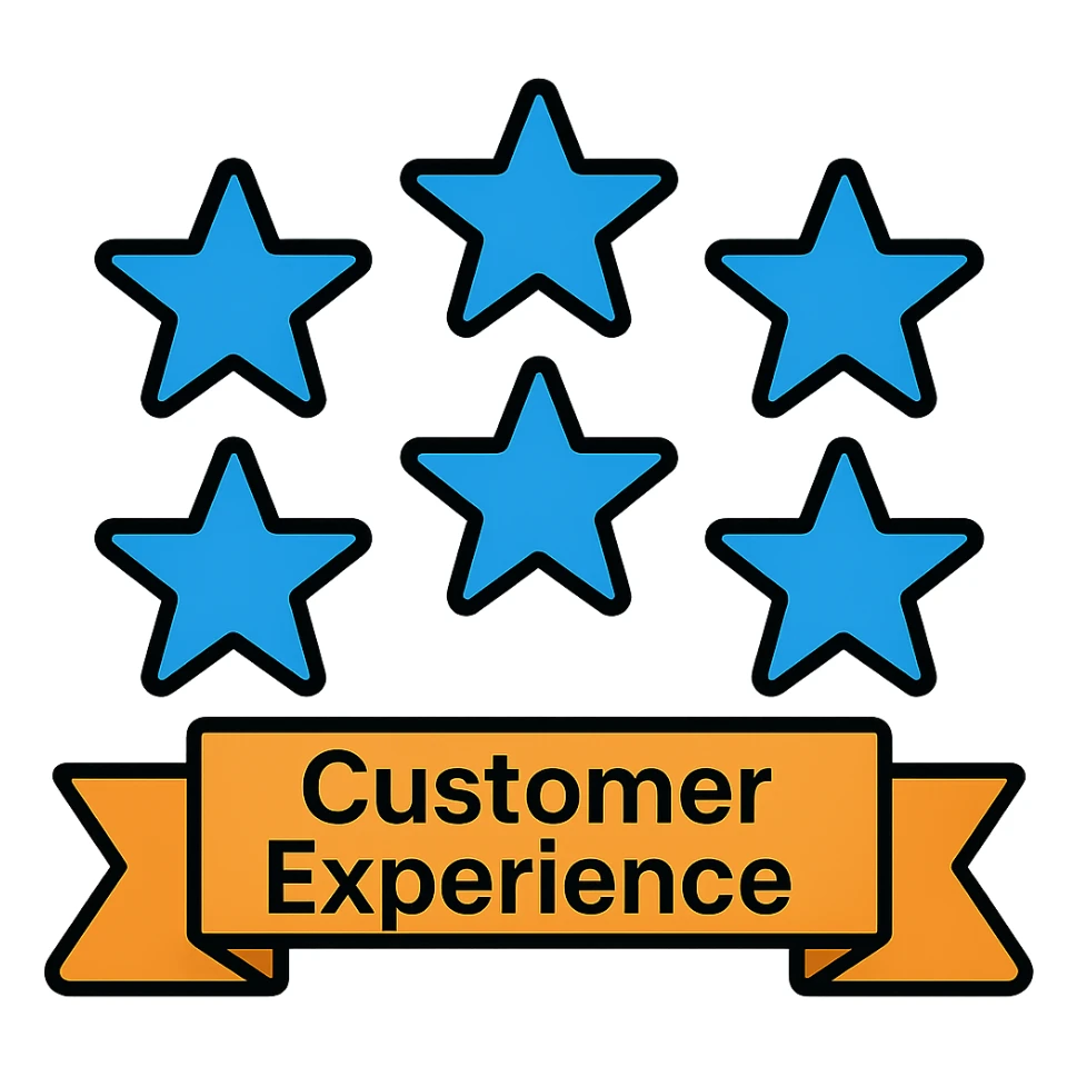 Add the words 'Customer Experience' below the six blue stars with a ribbon underneath, keep the modern icon style, preserve transparent background. sticker