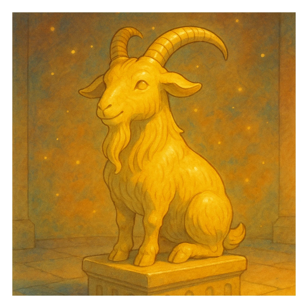 golden goat statue, warm lighting, ghibli style sticker