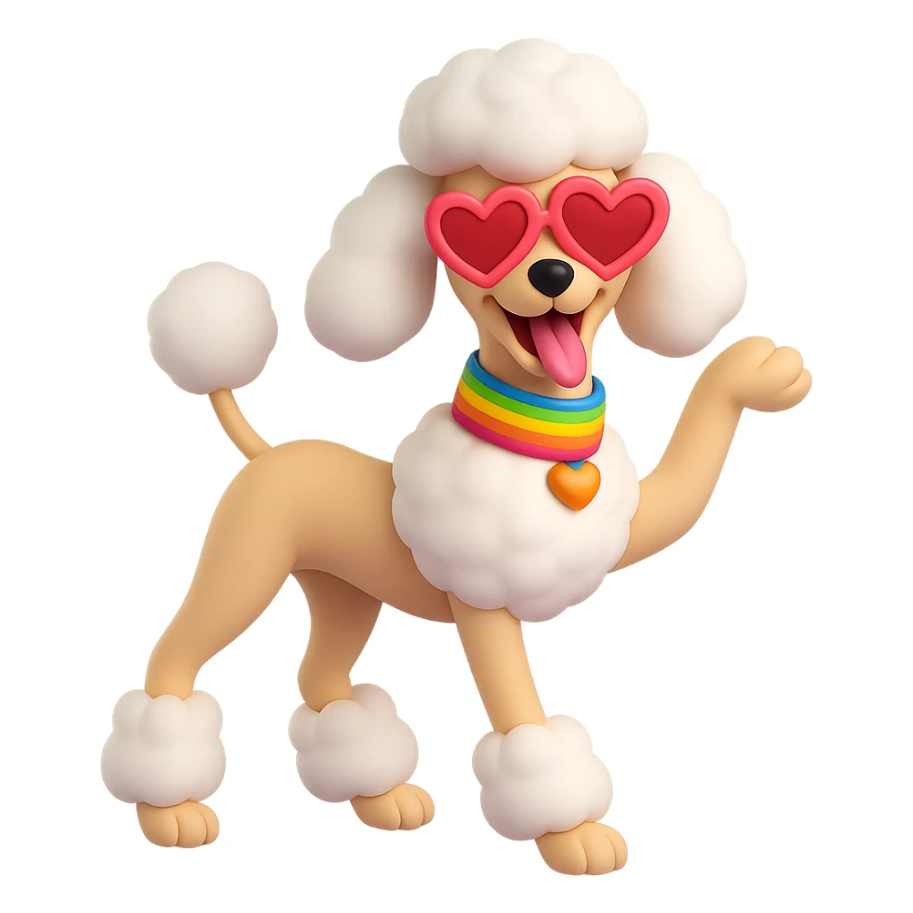Make the posh poodle funny and flamboyantly gay, featuring a rainbow collar, heart-shaped sunglasses, and a dramatic pose, in the style of 3D emoji with no background. sticker