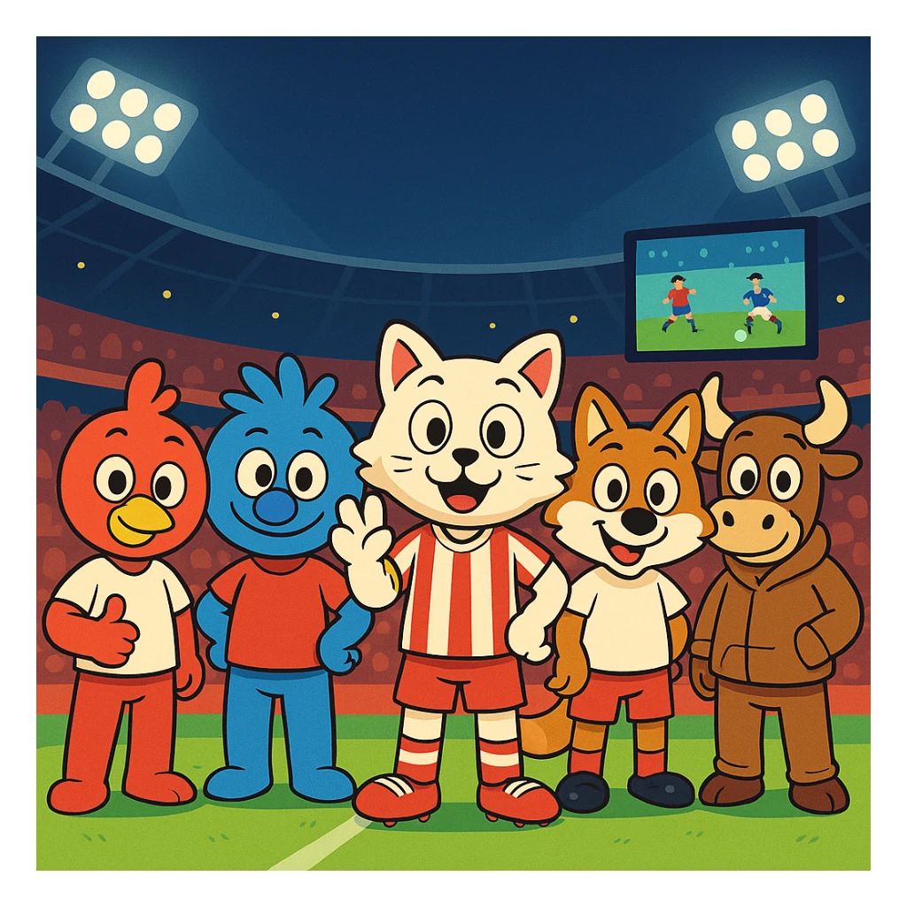 Make the five mascots much more cartoonish and exaggerated, with playful expressions and bold, fun shapes, while keeping the vibrant night soccer stadium, bright lights, green grass, red seats, large screen, and crowd in the background. Preserve the mascot colors and positions. sticker