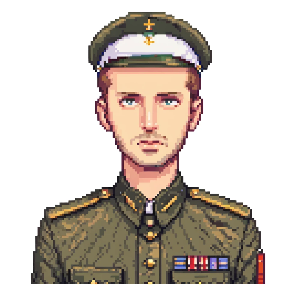 A white man with stubble in a soldier's uniform and a sad face sticker