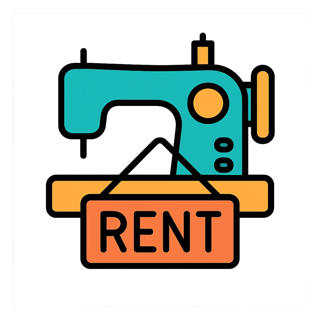 A flat design icon for 'Equipment Rental' showing a sewing machine with a rent sign, suitable for a business presentation. sticker