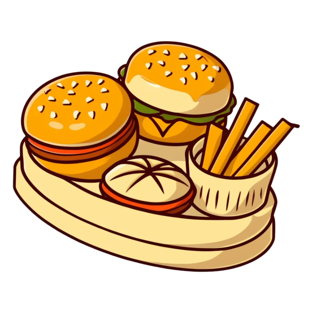 скатерть-самобранка with a mix of global dishes like burgers, dim sum, and baklava sticker
