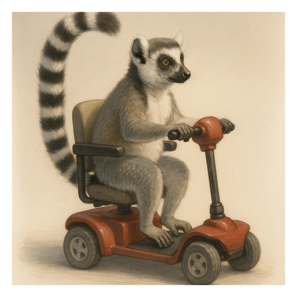 ring tailed lemur riding a mobility scooter, semi-realistic illustration, soft shading, accurate anatomy sticker