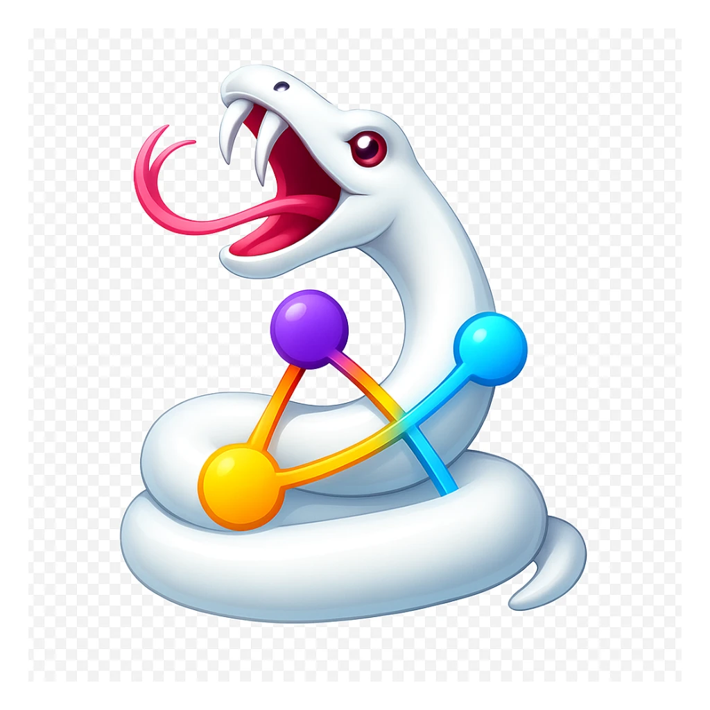 Transform the image into a 3D, colorful logo featuring a white snake forming a network. Use vibrant colors and make it shiny and dimensional, inspired by the reference image. sticker