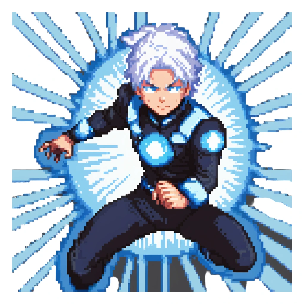 Gojo Satoru, pixel art, action pose, white hair, blue energy effects, black outfit, 16-bit video game style sticker