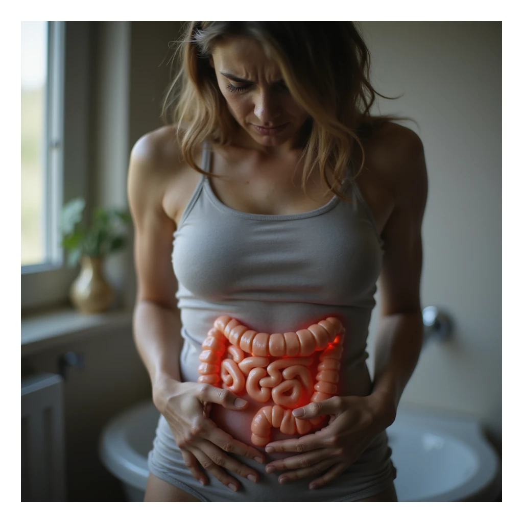 hyperrealistic woman with intestinal disorders, suffering face, hands holding abdomen, curved posture, expression of discomfort, realistic details, 4K quality, domestic or bathroom environment sticker
