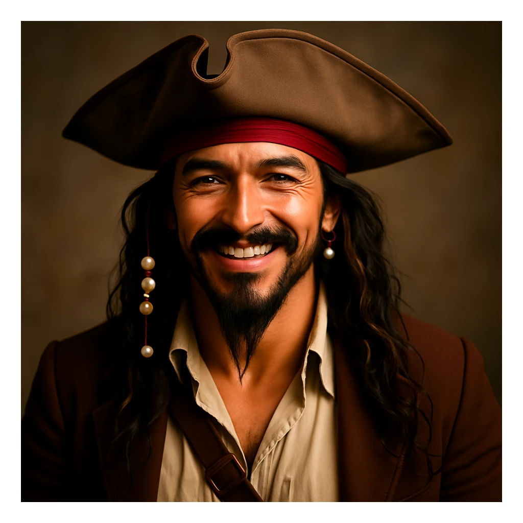 Make Jack Sparrow smile with a natural, charismatic smile, keeping the realistic pirate style, detailed attire, tricorn hat, and beaded hair. Maintain the realistic pirate look and detailed features. sticker