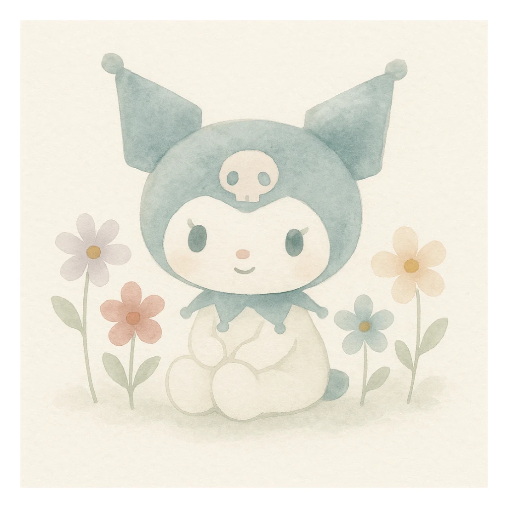 Kuromi character, watercolor art style, sitting pose, surrounded by flowers sticker