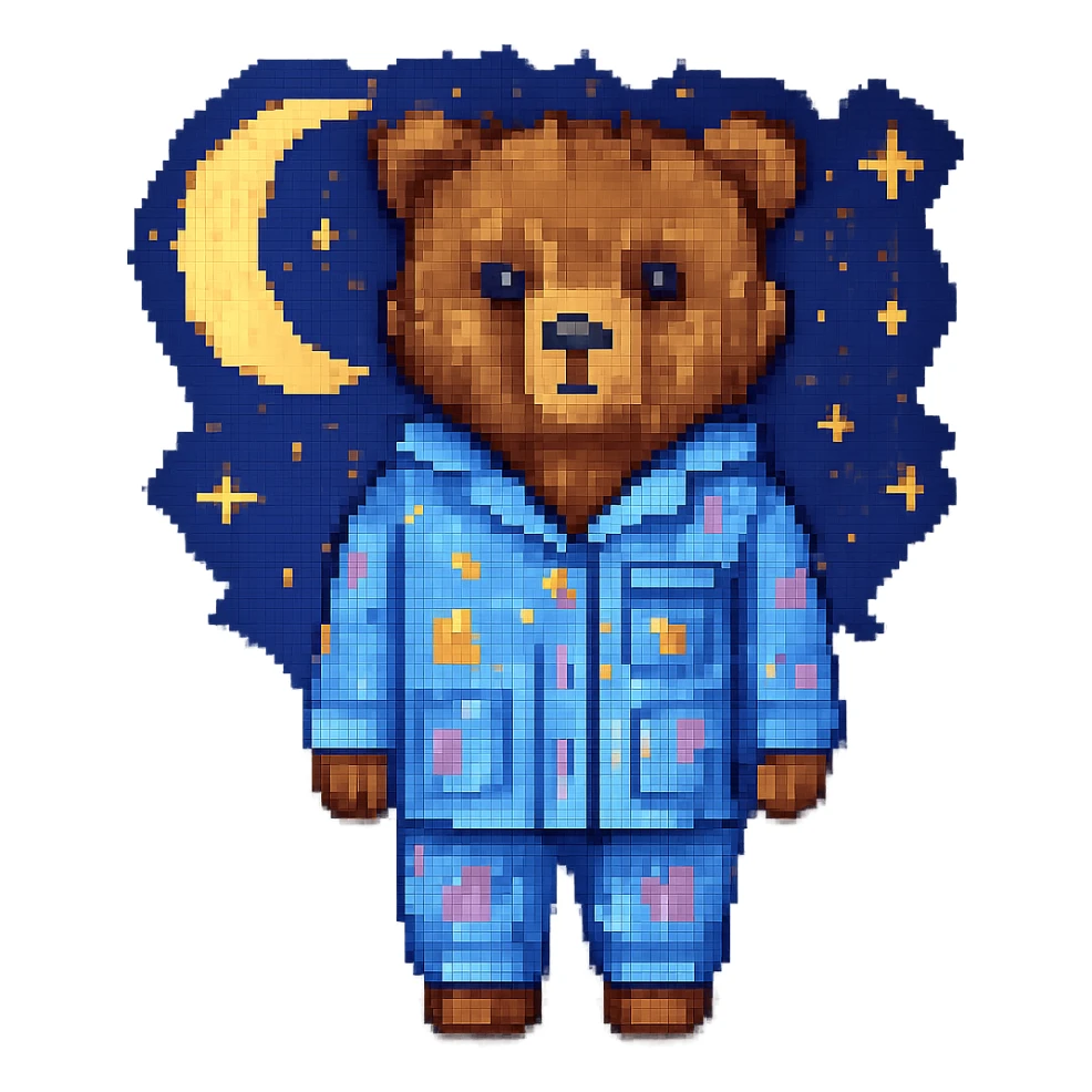 Add a moon and stars in the background, keep pixel art style, with no background except the moon and stars. The style should resemble pixel art. sticker