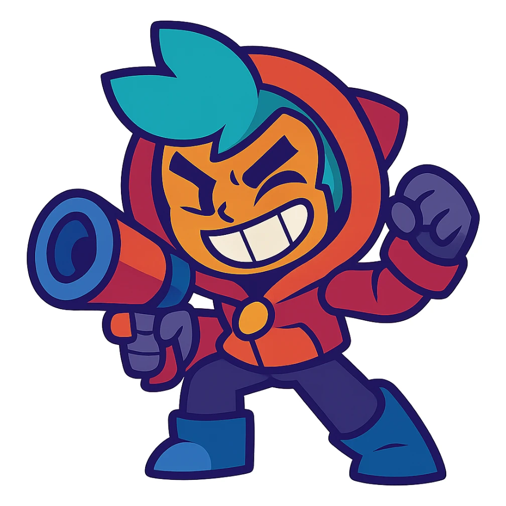 Brawl Stars character with a mischievous grin, stylized and energetic sticker
